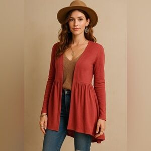 Anthropologie T.La Gathered Hem Open Front Cotton Cardigan Rust XS